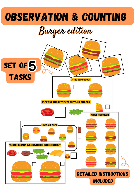 Observation & Counting Activities| Burger theme| Set of 5