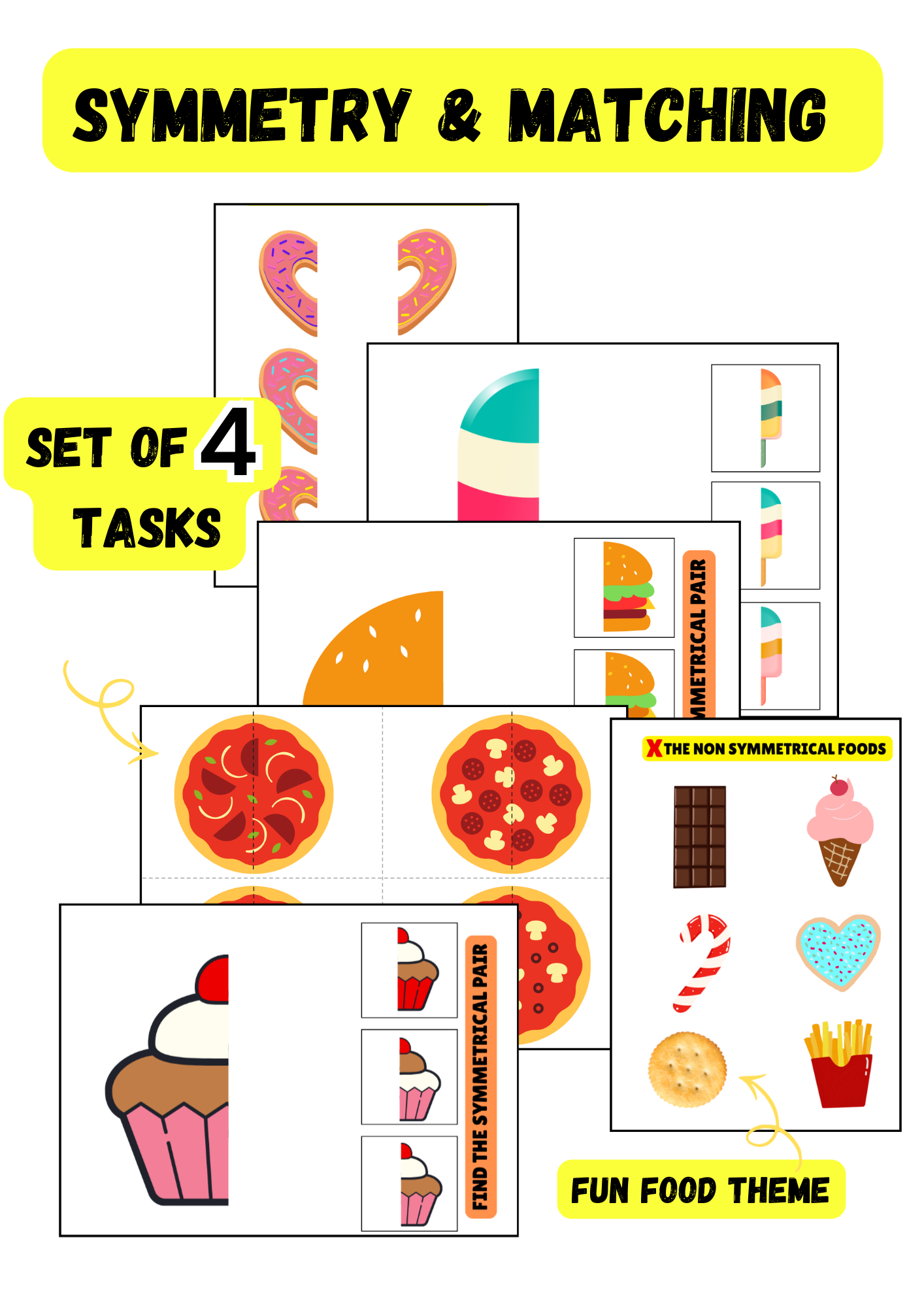 Symmetry & Picture Matching Activities| Food Theme| Set of 4